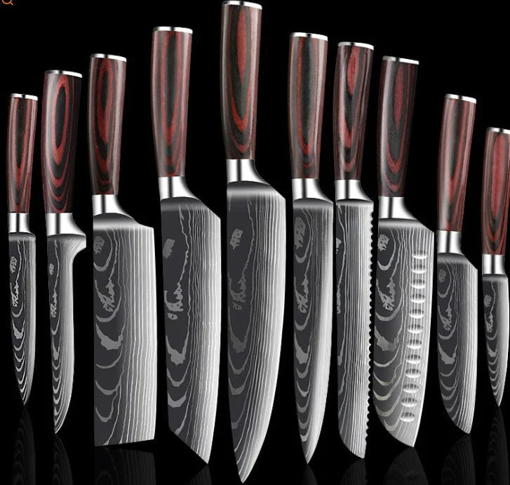 Premium Damascus kitchen knife set with elegant storage box, featuring high-carbon stainless steel blades and color-treated wood handles