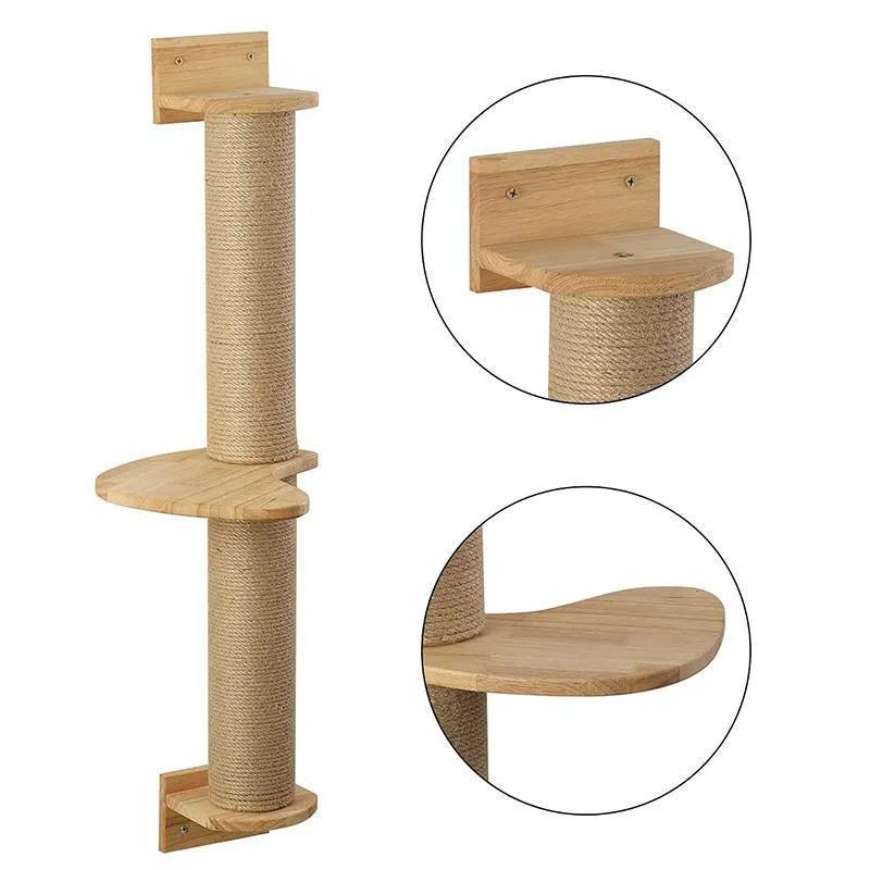Wooden wall-mounted cat climbing frame with flax rope scratching posts and jumping platform