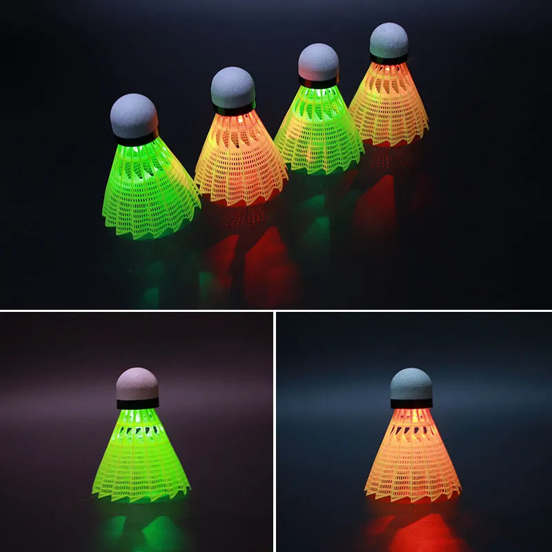 Green and red glowing badminton shuttlecocks for table tennis, shown in goose feather and nylon types.
