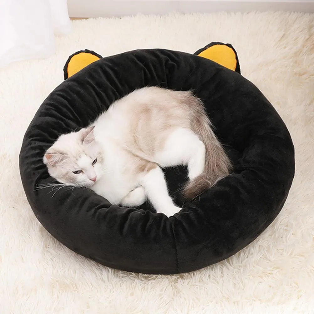 Black cat silhouette shaped velvet cat nest bed with raised cushioned edges