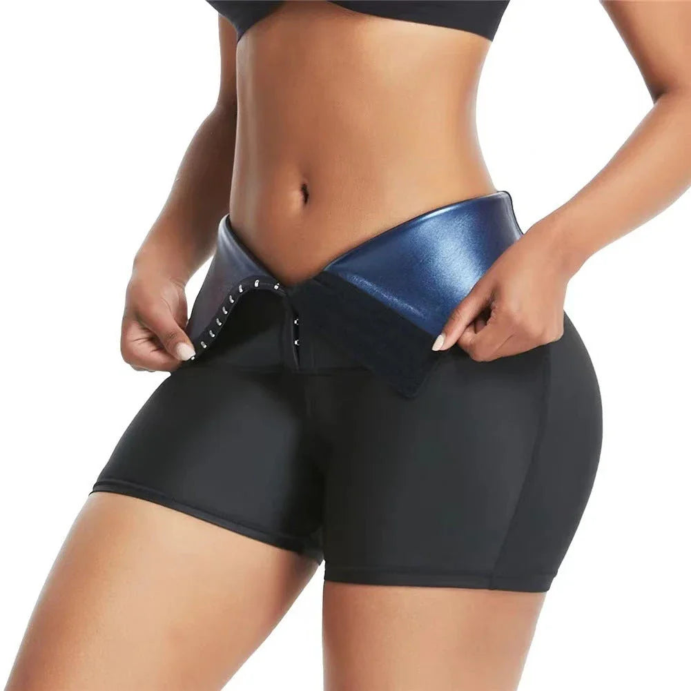 Slimming waist trainer shapewear leggings in silver and blue colors, featuring neoprene fabric and compression design for a sculpted look.