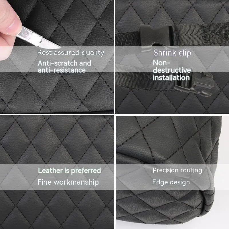 Leather car hanging storage bag and trash can in black, shown in a vehicle interior.