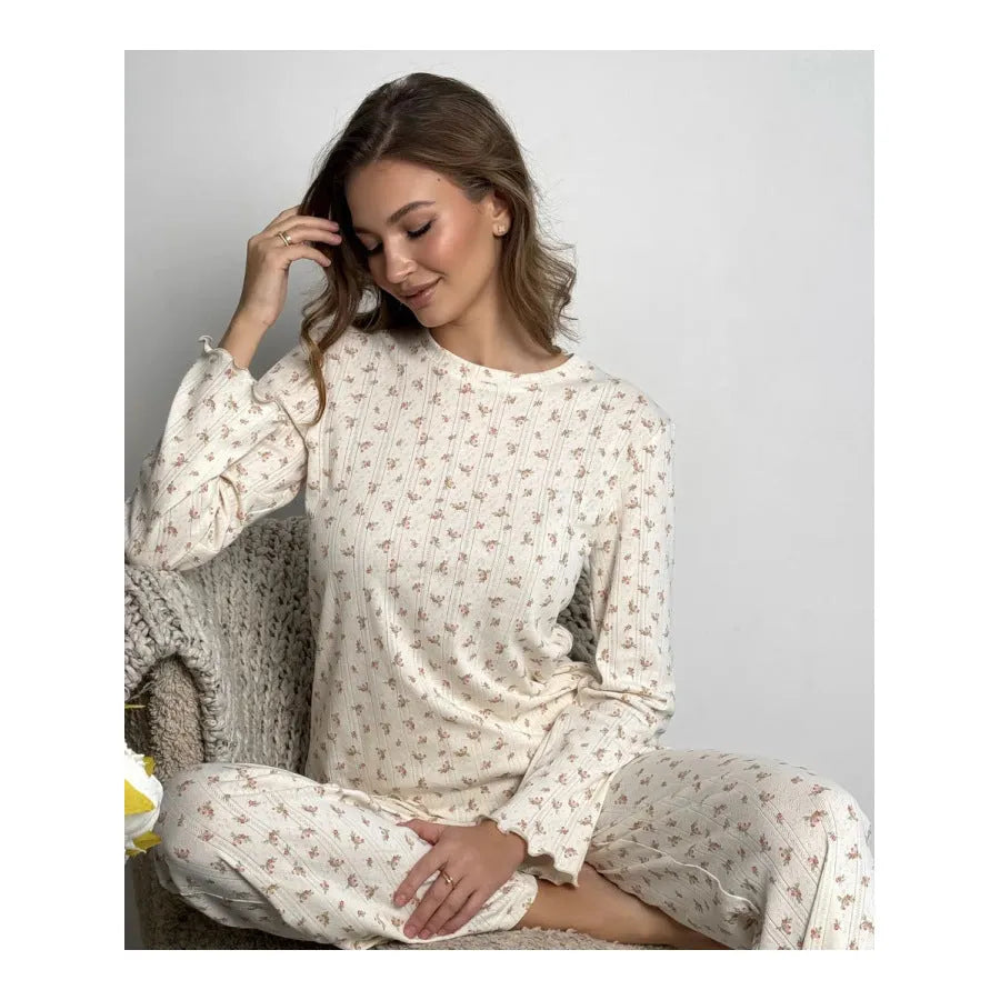 White floral print women's home wear suit with bell sleeves and wide-leg trousers