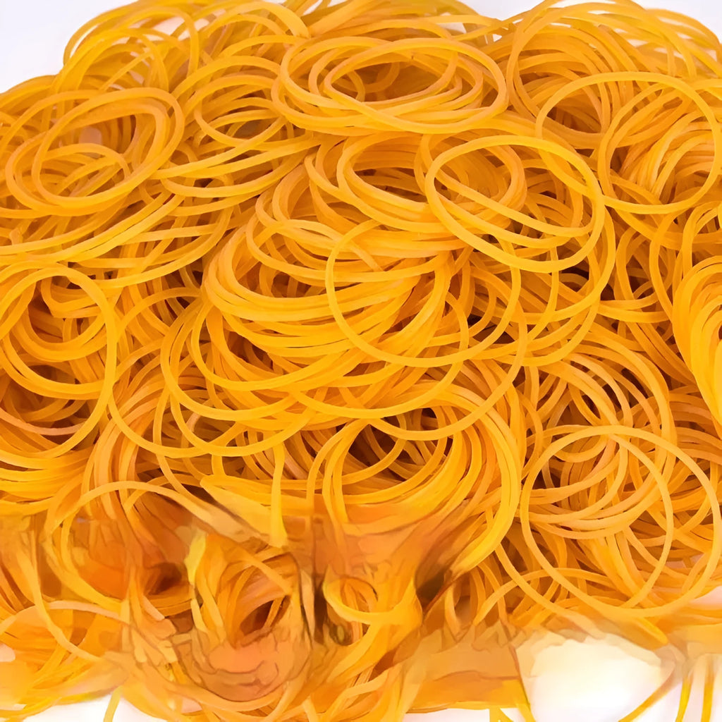 500g pack of yellow rubber bands showing multiple diameters from 16mm to 70mm