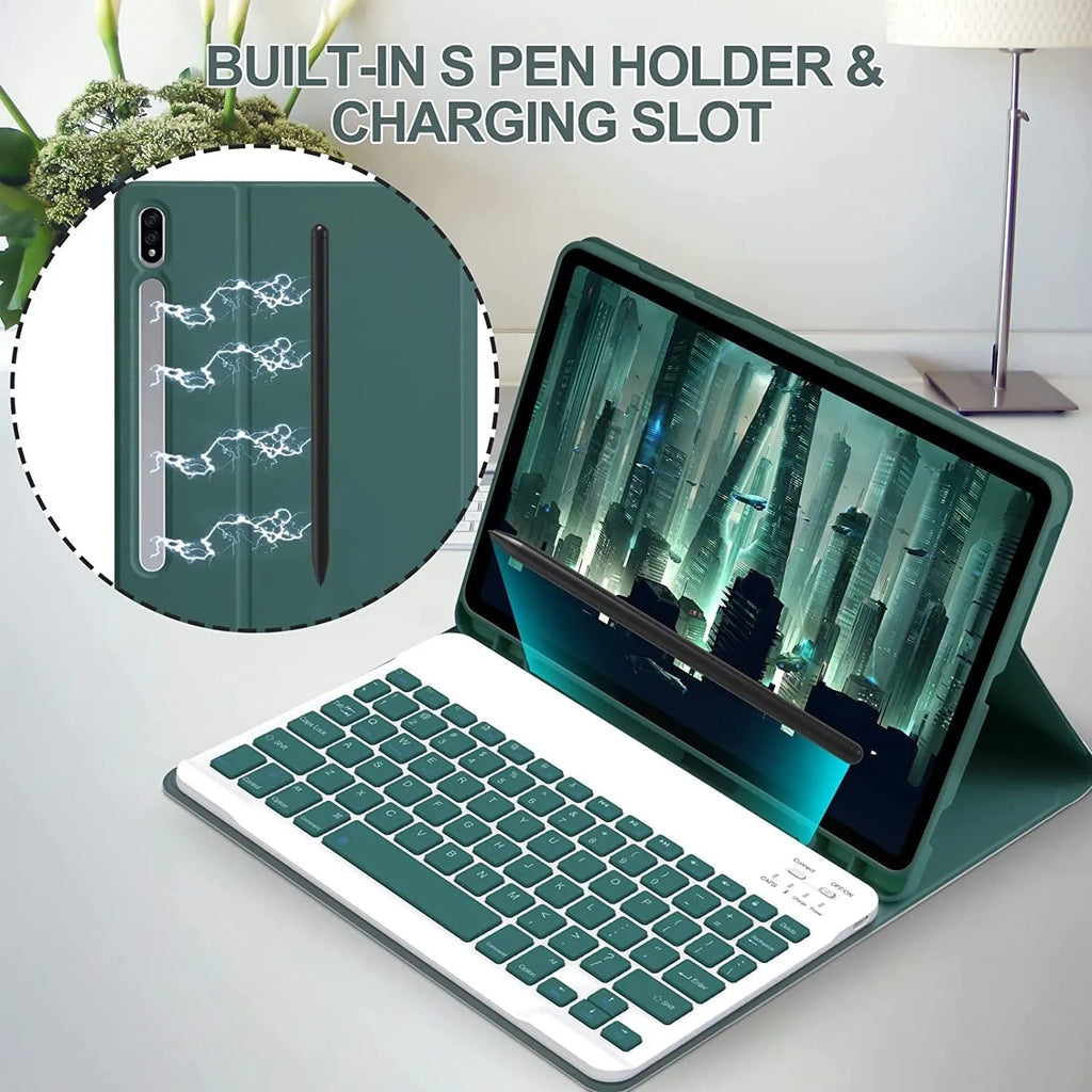 Samsung tablet inside a TPU leather case with a Bluetooth keyboard and charging mouse on a table.