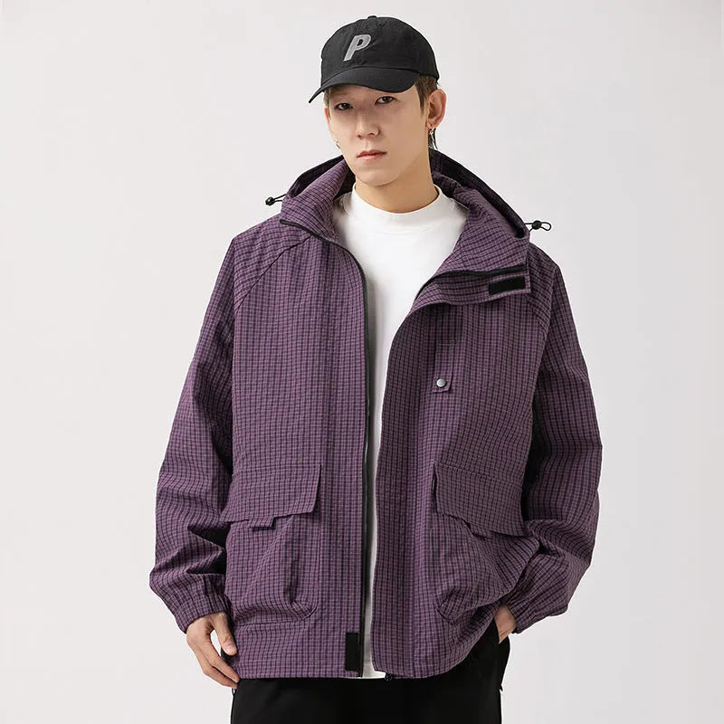Men's hooded assault jacket in black, purple, green or caramel, loose polyester workwear coat with side pockets, sizes S-3XL