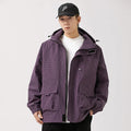 Men's hooded assault jacket in black, purple, green or caramel, loose polyester workwear coat with side pockets, sizes S-3XL