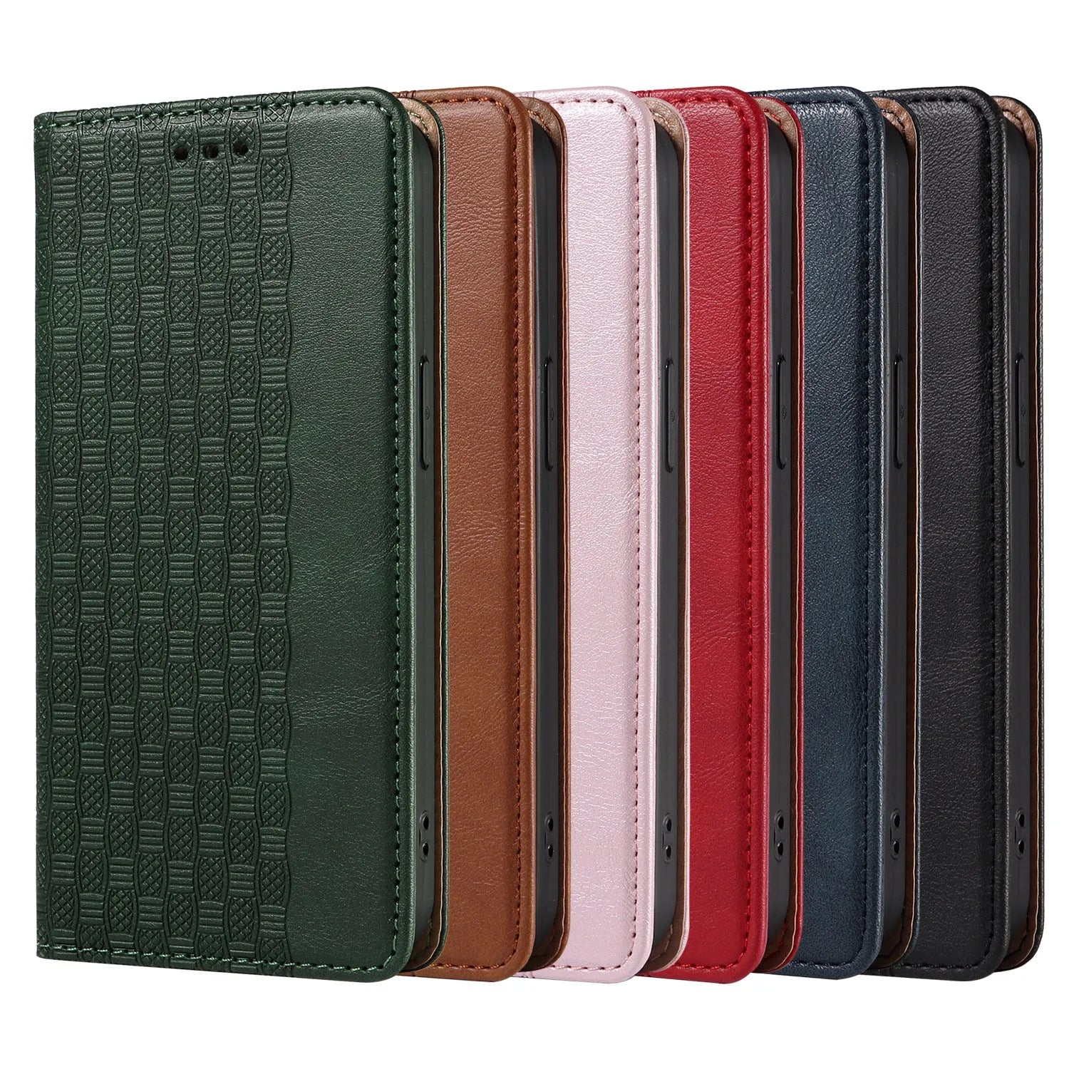 Embossed leather flip phone case in black for iPhone, showing front cover closed.