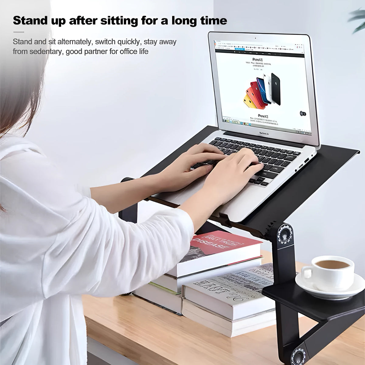 Black folding computer desk with aluminium alloy legs, 42 x 26cm top, mouse panel and fan.