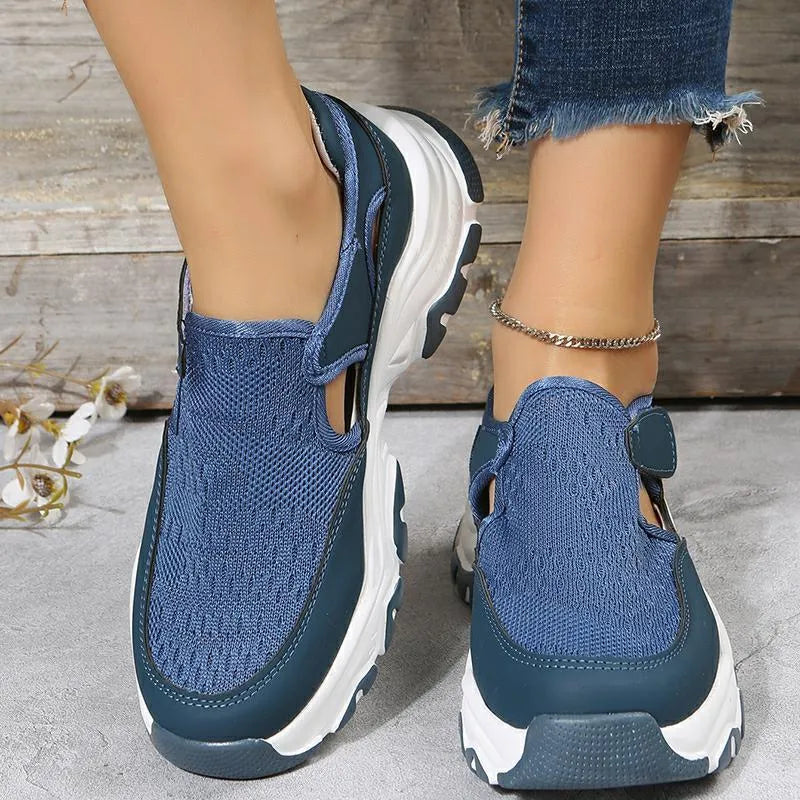Women's mesh sport shoes with round toe, low heel, and Velcro fastening in a solid colour