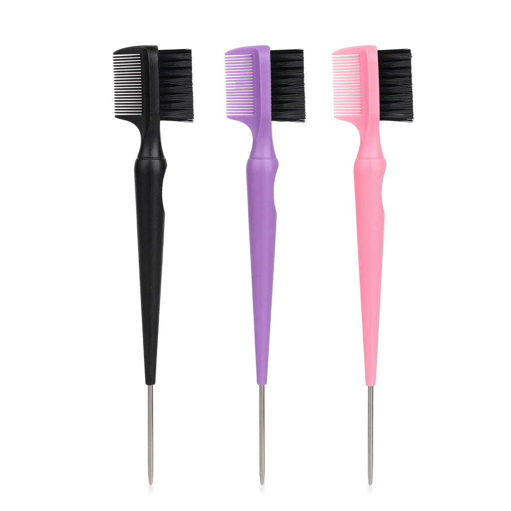 Double-headed steel needle eyebrow brush cleaner in black with plastic handle, over 20cm long