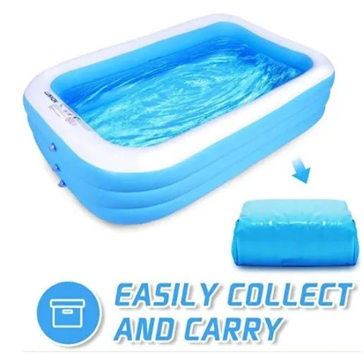 Blue and white rectangular inflatable PVC swimming pool 150cm by 110cm by 50cm for outdoor garden use