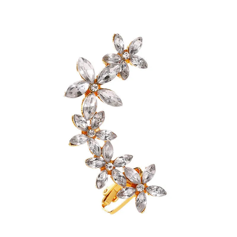 Full crystal butterfly and flower single crystal ear clip in gold alloy finish with artificial gemstone inlay