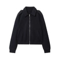 Women's black PU turn-down collar coat with zipper, long sleeves, casual Japanese Korean style