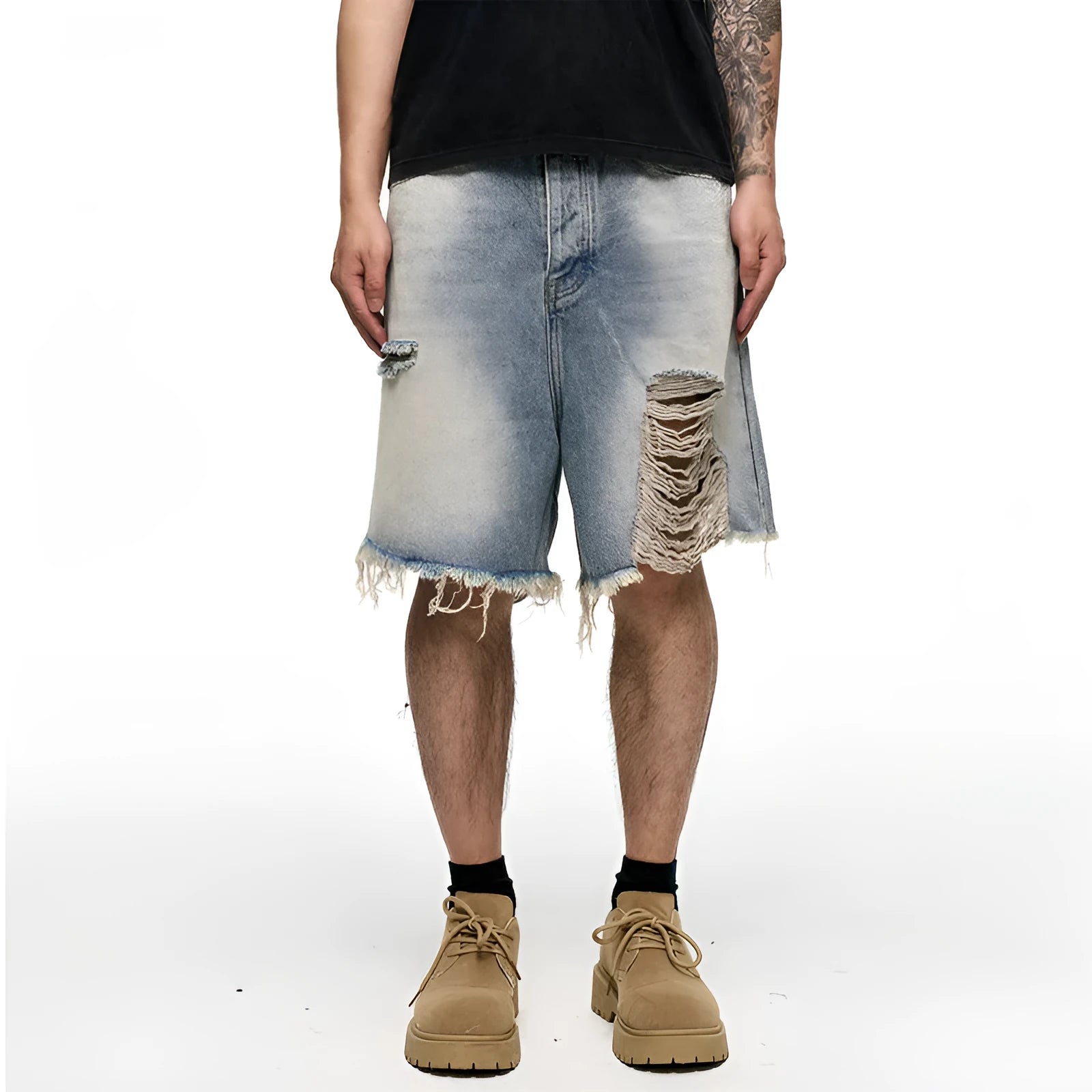 Light blue retro washed men's baggy denim shorts with wide leg cut