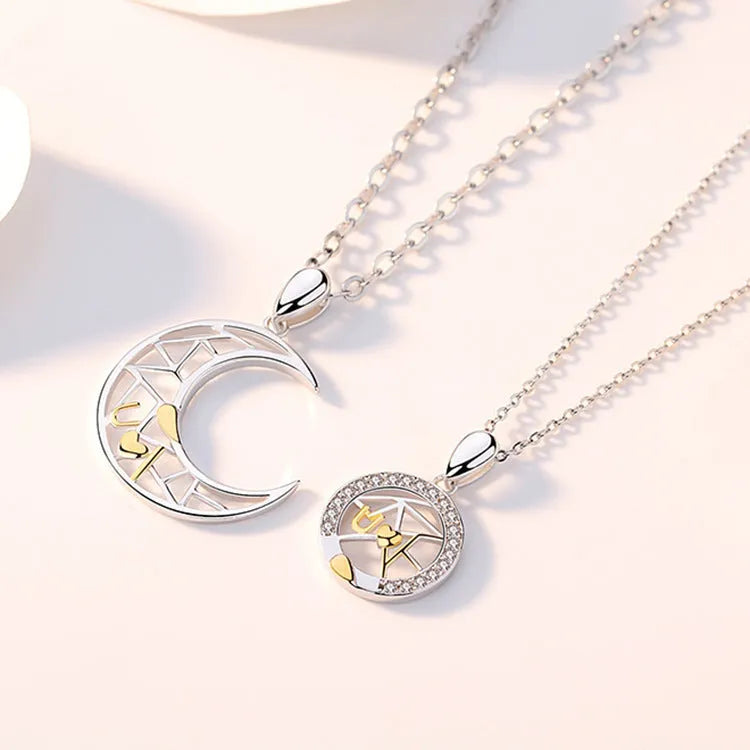 Sun and moon couple necklace with copper pendant and cross chain design for men and women