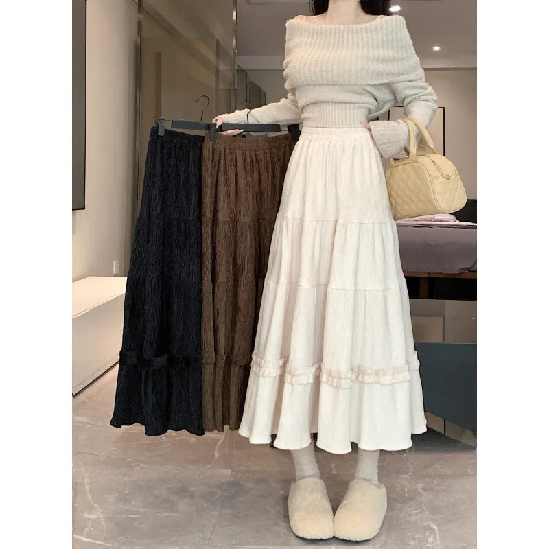 Korean style corduroy A-line midi skirt with elastic waistband in solid colour options