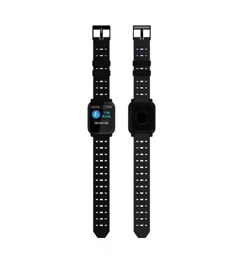 Blue A6 smart bracelet with colour screen on a wrist, showing heart rate data.