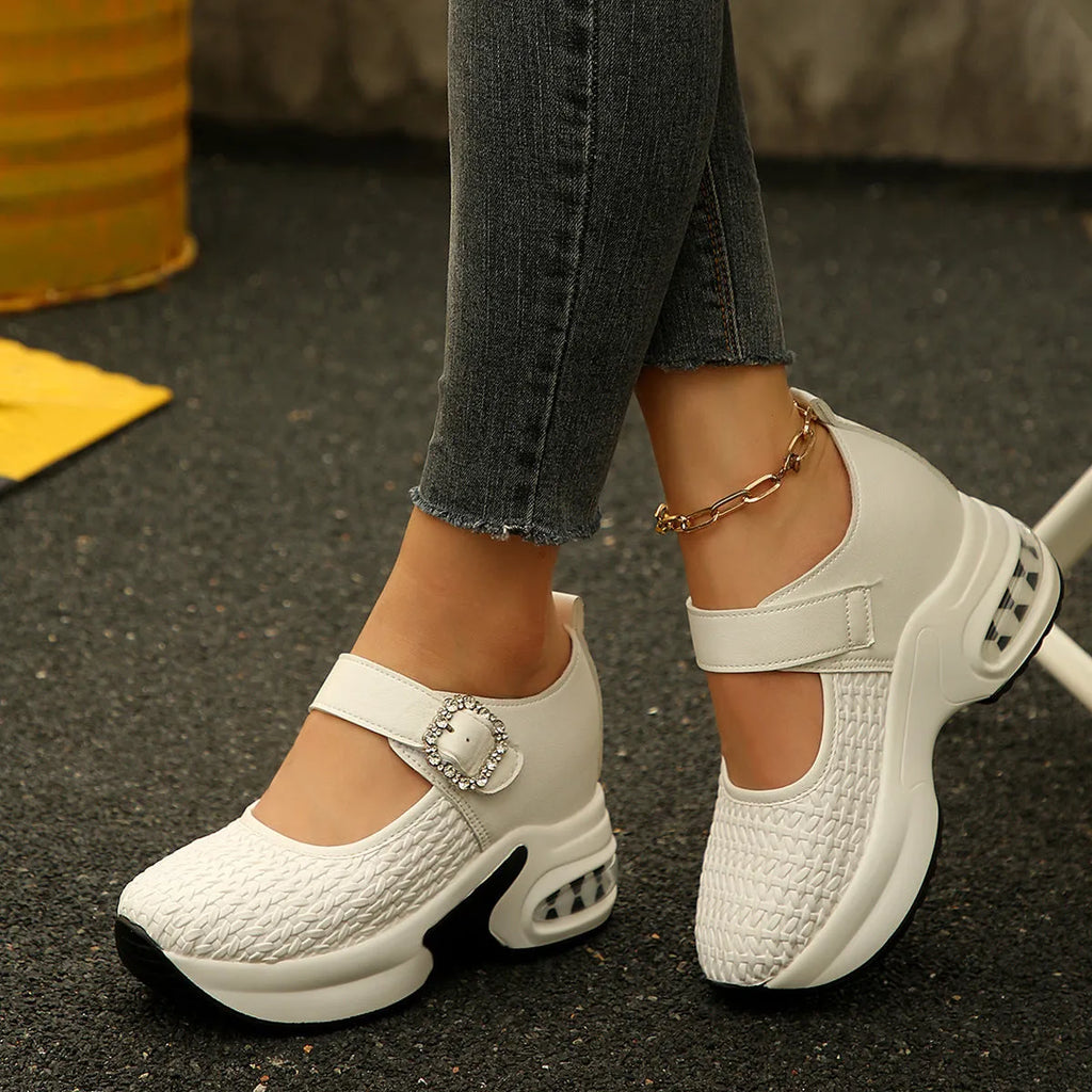 Woven wedge shoes for women solid colour black low top mid heel 3-5CM rubber sole leather lining