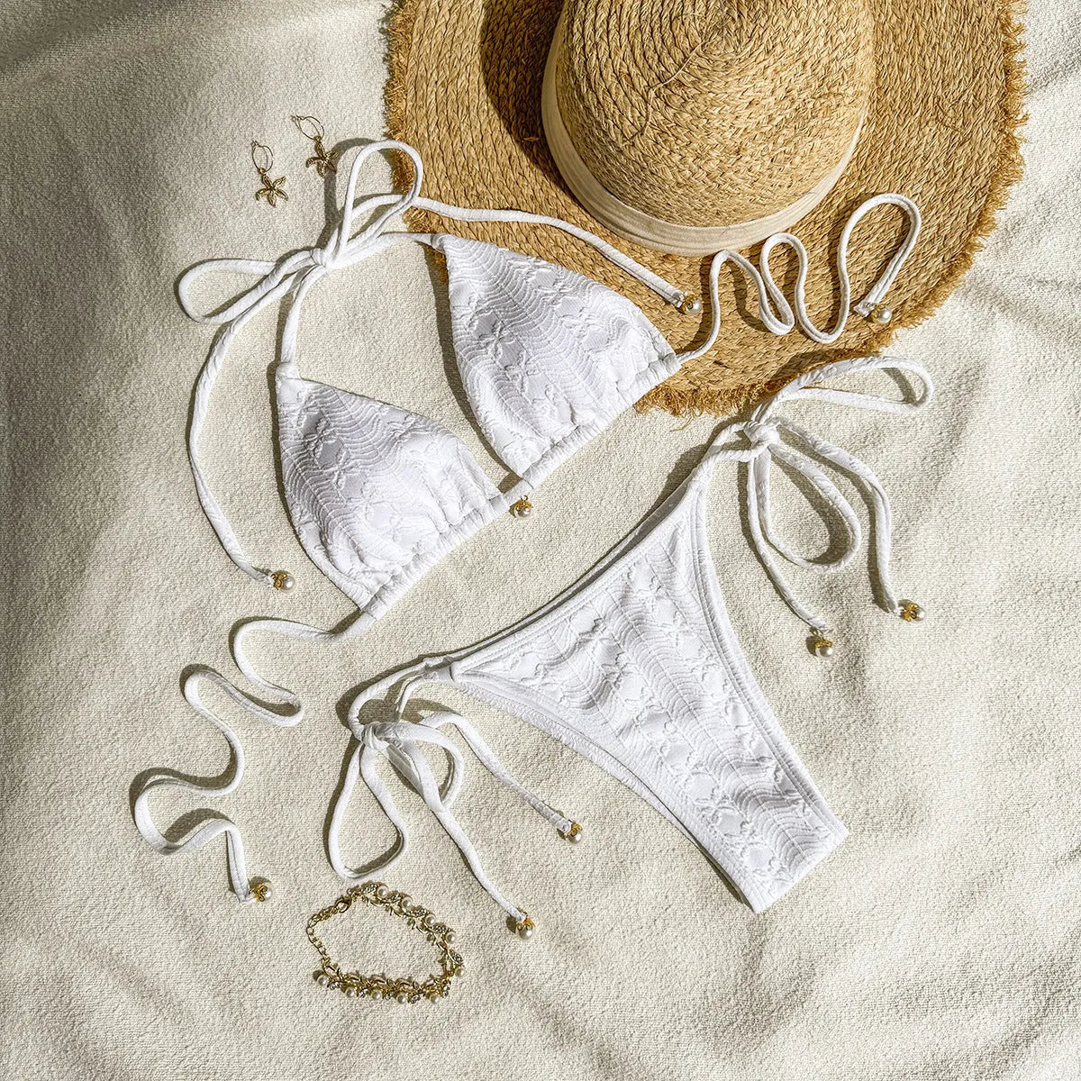Women's halter neck lace-up bikini swimsuit in polyester fabric, available in white, green and milky white