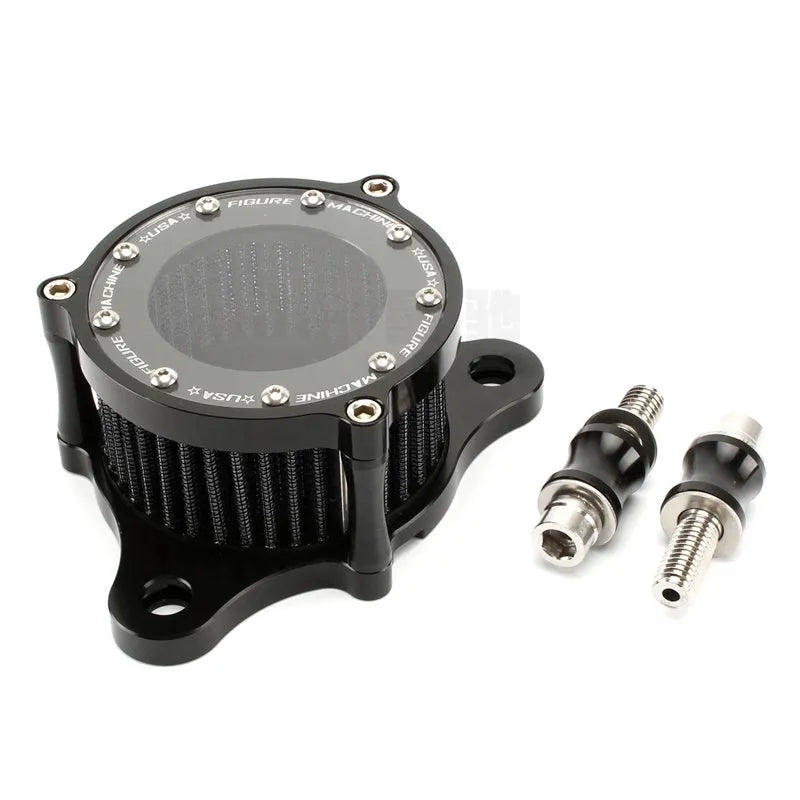 CNC aluminium motorcycle air filter with transparent glass housing for Harley Davidson models.