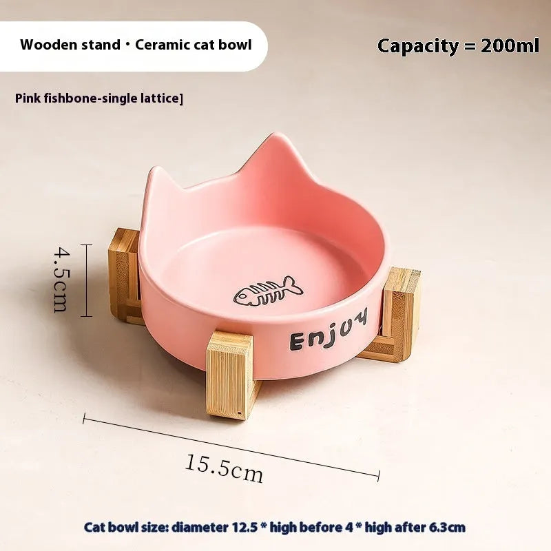 Porcelain cat bowl with cat ears rim and wooden anti-tumble frame in selected colour
