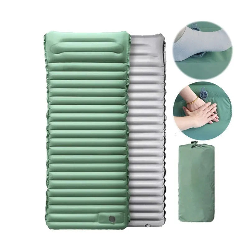 Single inflatable camping mattress in grey colours showing 195cm length and 70cm width dimensions