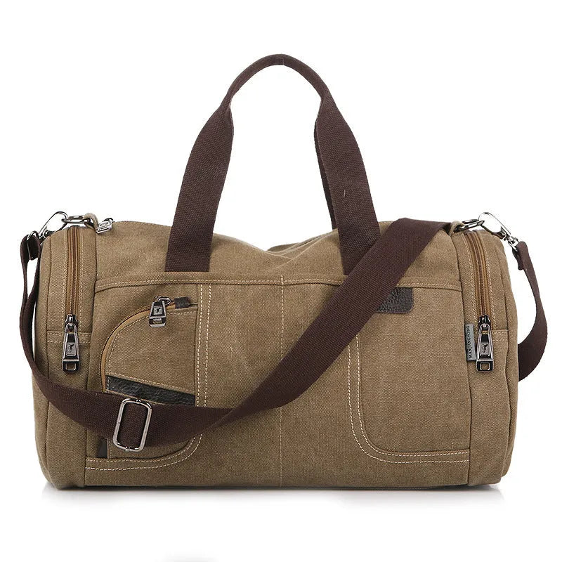 Horizontal square canvas shoulder bag with zipper closure and multiple pockets in khaki colour