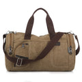 Horizontal square canvas shoulder bag with zipper closure and multiple pockets in khaki colour