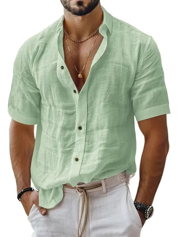 Men's short sleeve lapel shirt in light green, shown in a cardigan style with a casual fit.
