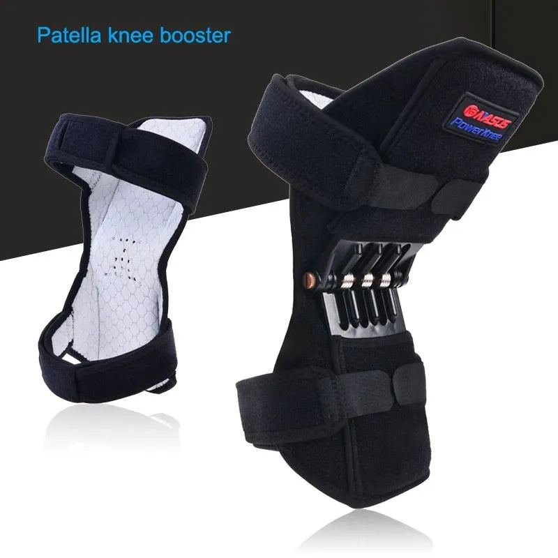 Black knee booster with carbon steel spring and Velcro straps on a neutral background