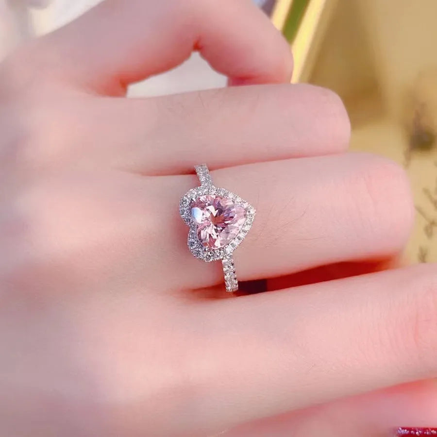 Heart-shaped adjustable open copper ring for women in pink, white, red, blue, green, or purple diamond colour design
