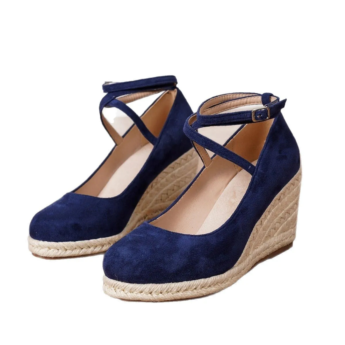 Dark blue suede straw woven wedge closed toe high heels sizes 34-43
