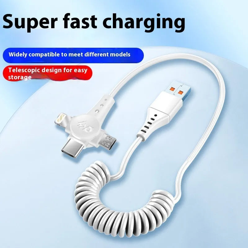 Black telescopic charging cable extended to 1.5 metres with Lightning, Micro USB and Type-C connectors visible