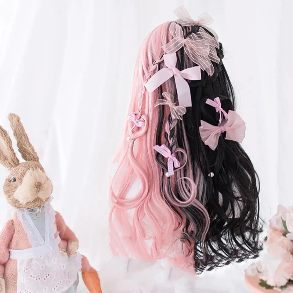 Black and pink long curly Harajuku Lolita wig with fringe for cosplay.