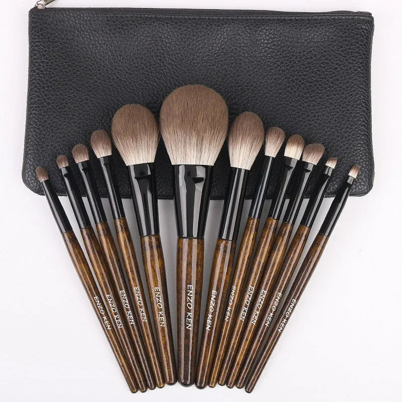 12-piece makeup brush set with wooden handles in a PU storage bag