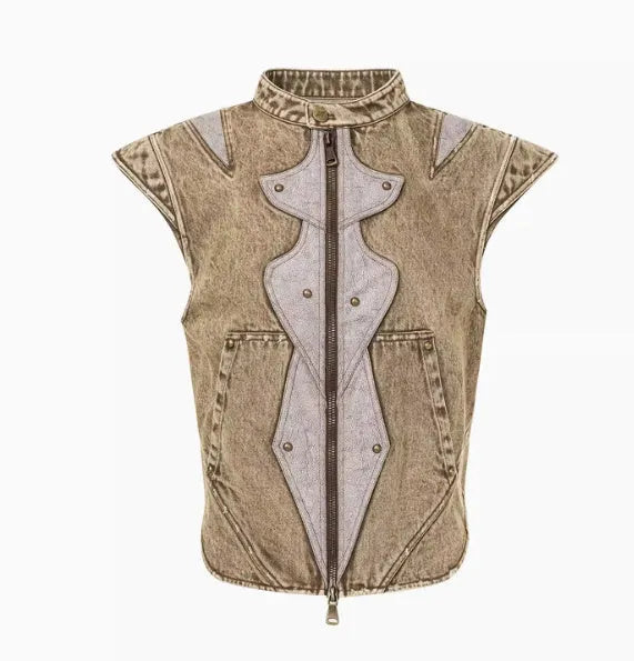 Men's Korean style denim vest with pleated detailing in picture colour