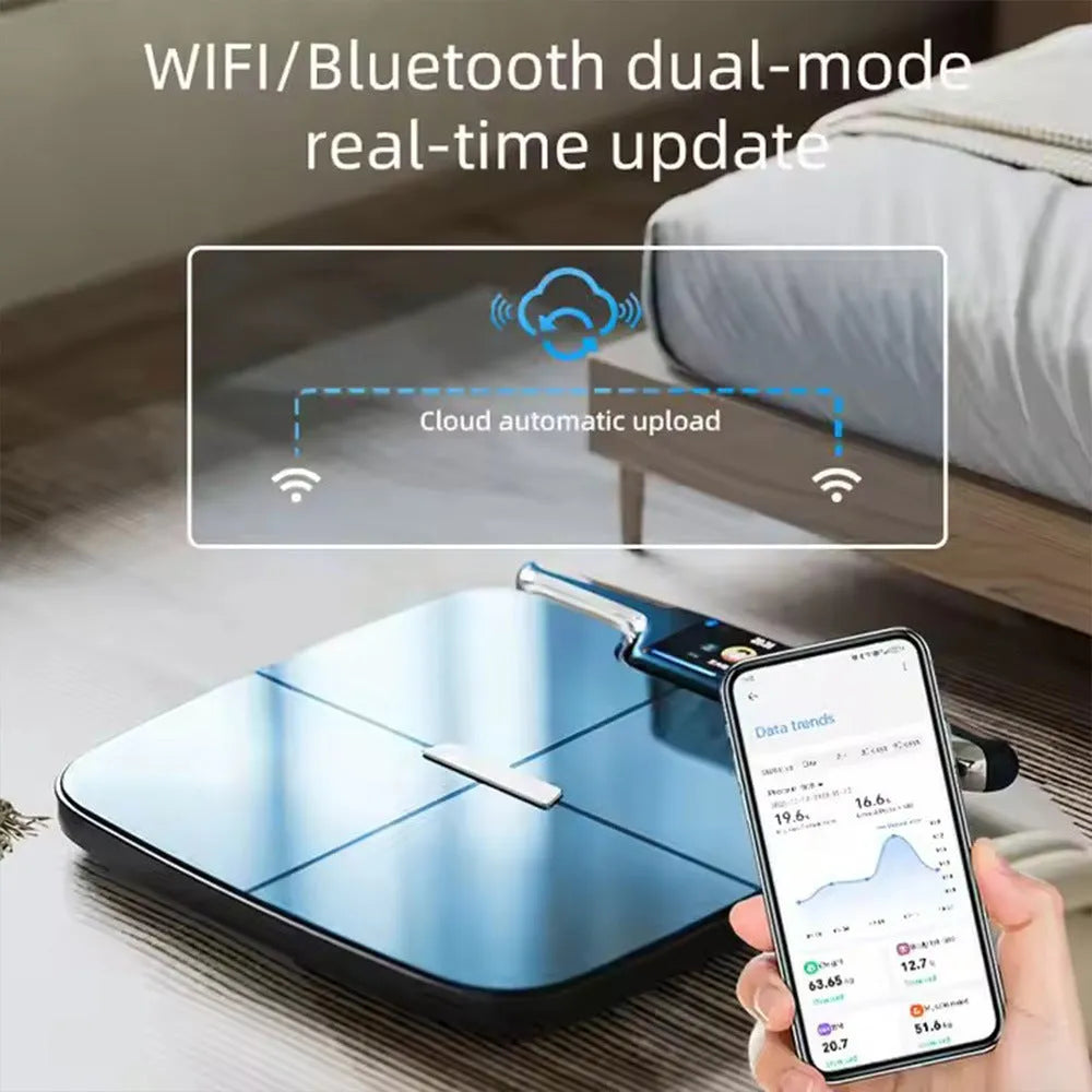 Black eight-electrode intelligent body fat weighing scale on a bathroom floor.