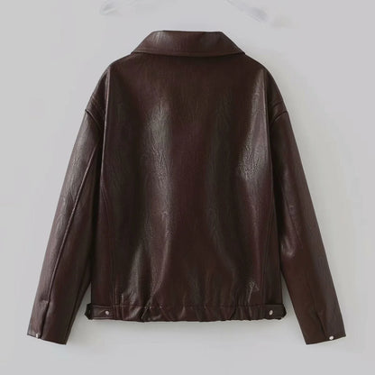 Premium faux leather jacket with zipper closure and lapel collar design, available in burgundy and black colors