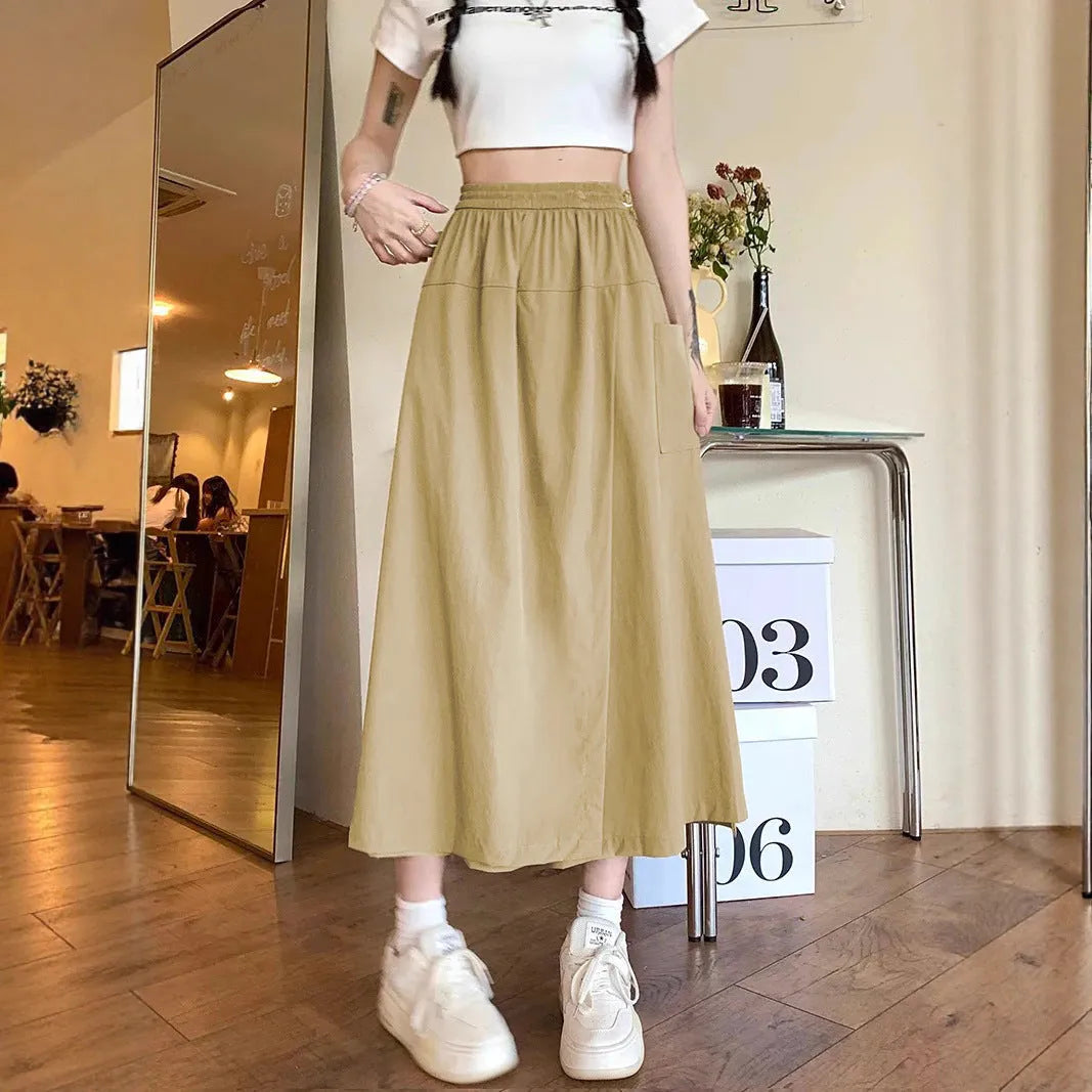 Camel colour wide leg skirt with elastic waistband and drape detailing