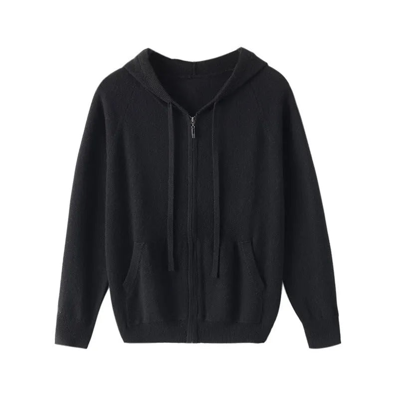 Men's grey hooded cashmere cardigan with full zip front and long sleeves