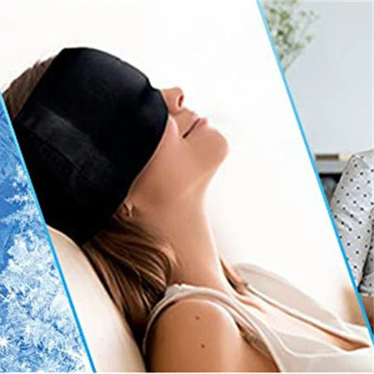 Soothing ice gel eye mask for headache relief, featuring a cooling gel pack and premium elastic cloth for a comfortable fit