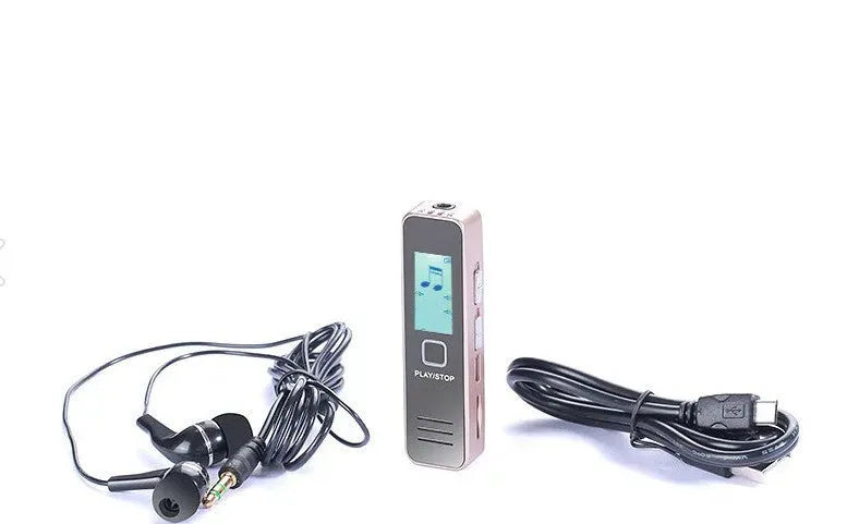 Mini portable voice recorder in black or gold colour with compact plastic construction and two-colour display