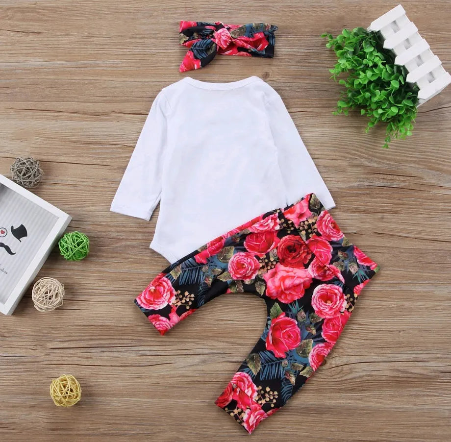 Girls' autumn three-piece cotton set with long-sleeved top, bottoms and hair band in floral and letter print, sizes 70cm to 100cm