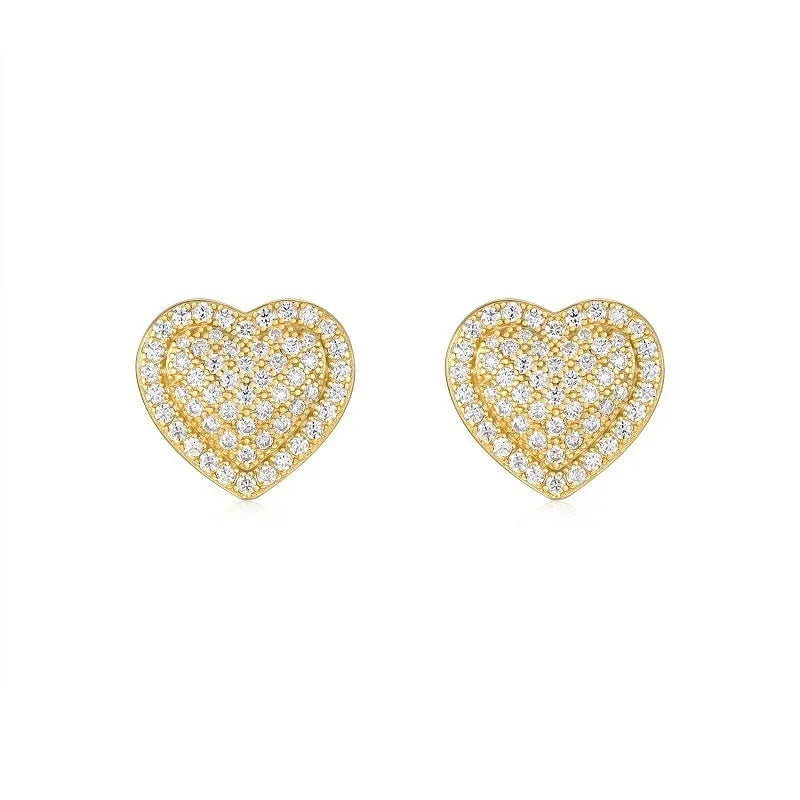 S925 silver heart-shaped stud earrings with moissanite stone in gold colour.
