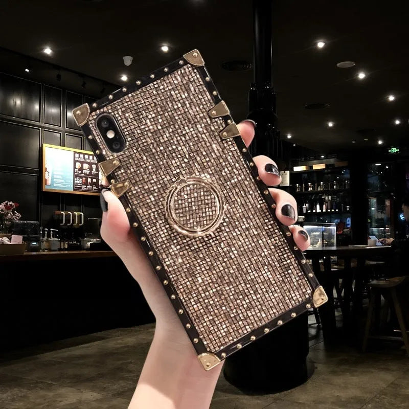 Square TPU mobile phone case with flash diamond bracket design in four colour options