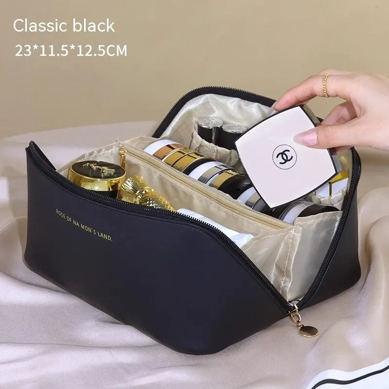 Large capacity travel makeup storage bag in brown PU leather with solid colour finish on white background