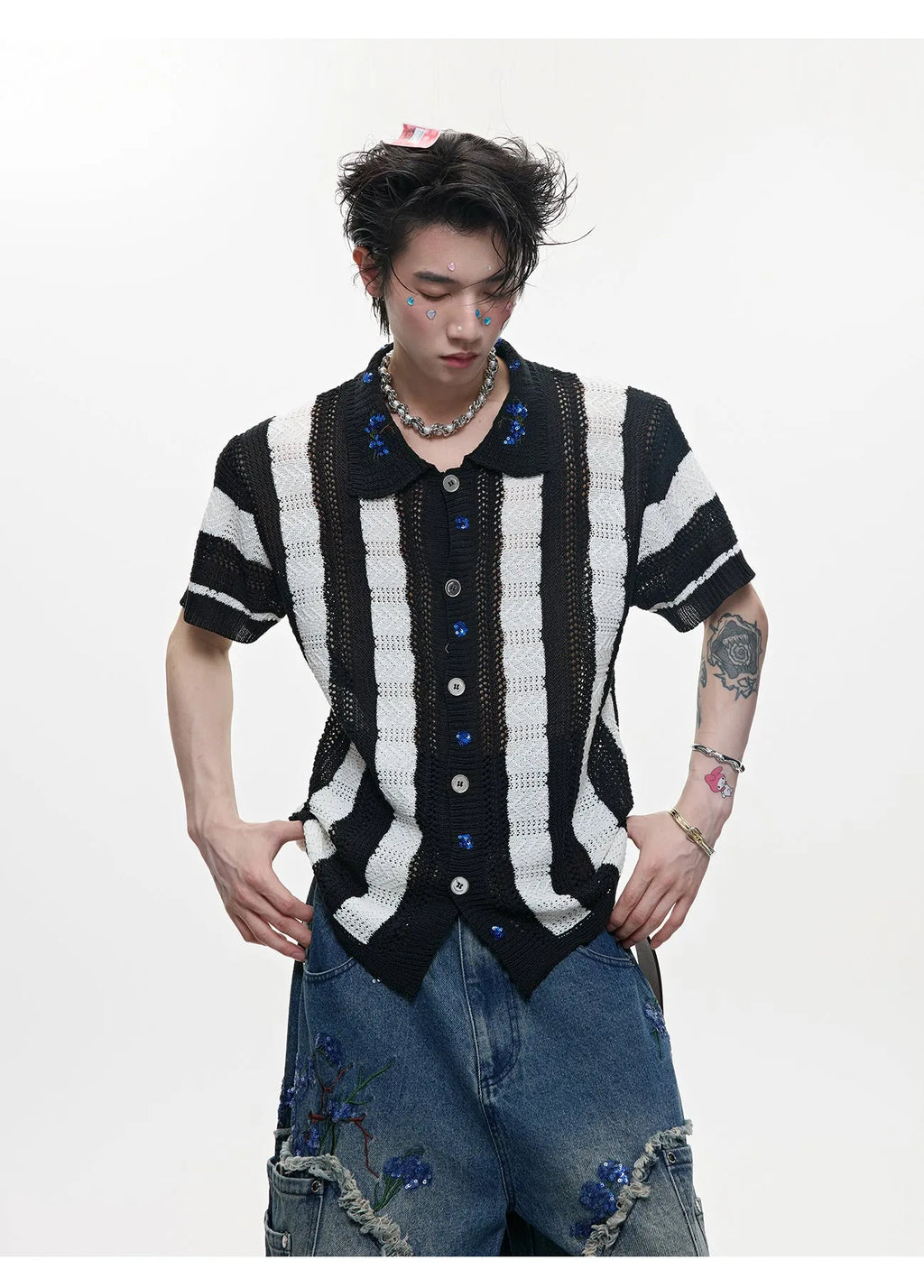 Men's patchwork striped retro knitted short sleeved shirt in loose fit design