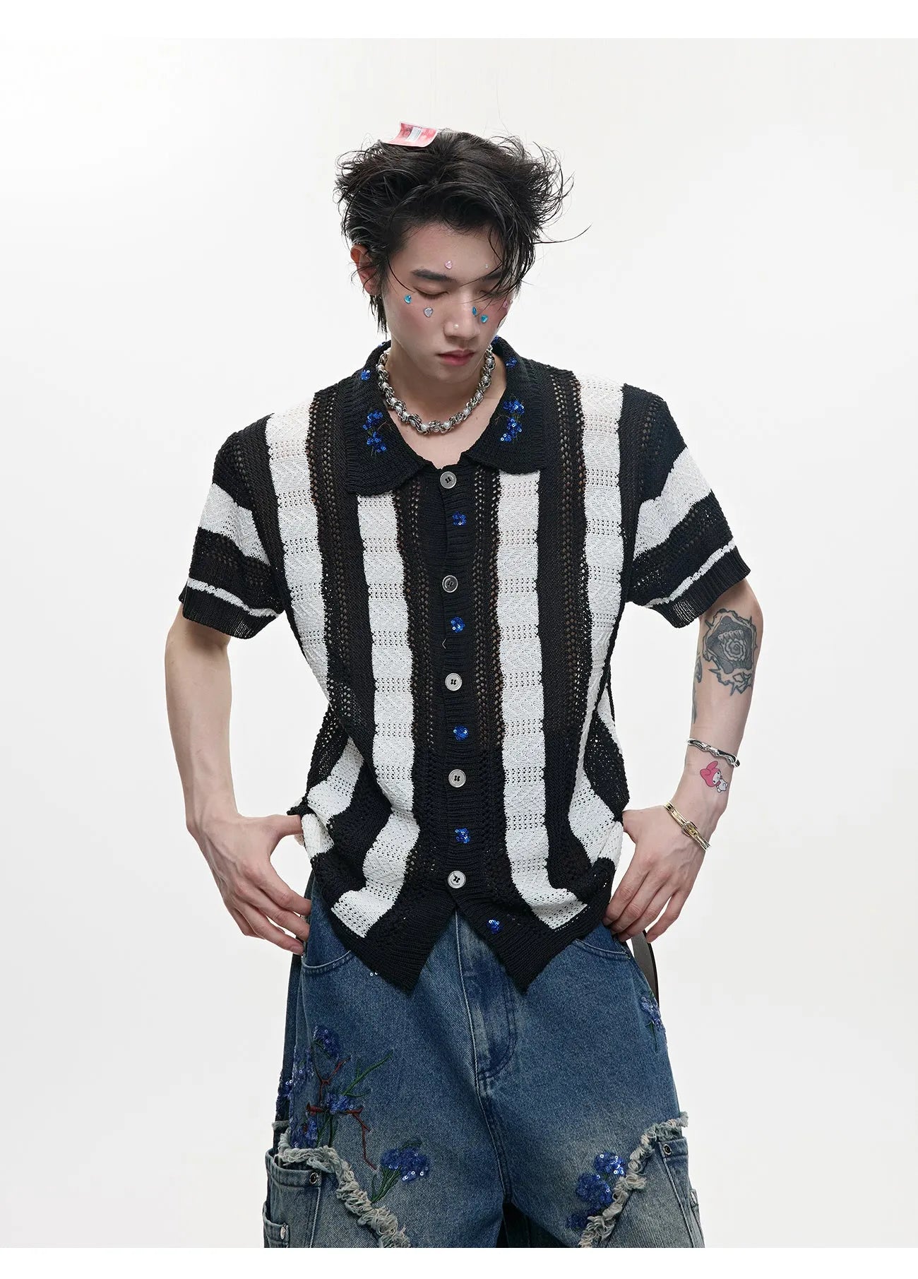 Men's patchwork striped retro knitted short sleeved shirt in loose fit design