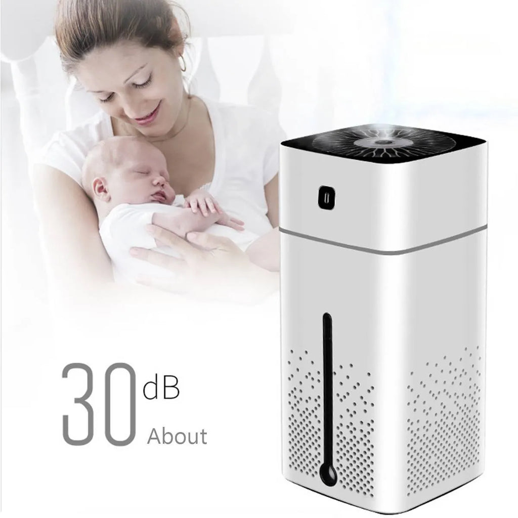 Black or white USB-powered desktop humidifier with 1000ml capacity measuring 103x103x218mm